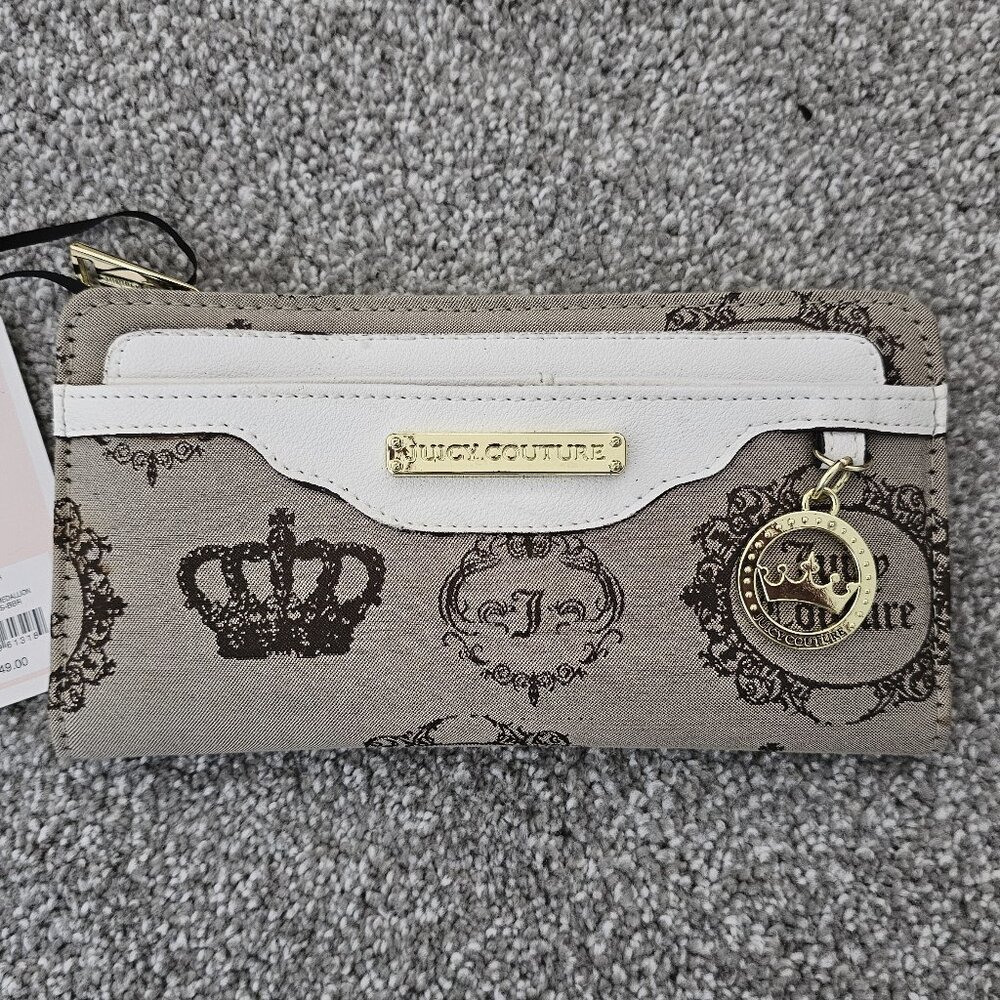 JUICY COUTURE highline large CLUTCH beige brown medallion WALLET snap closure